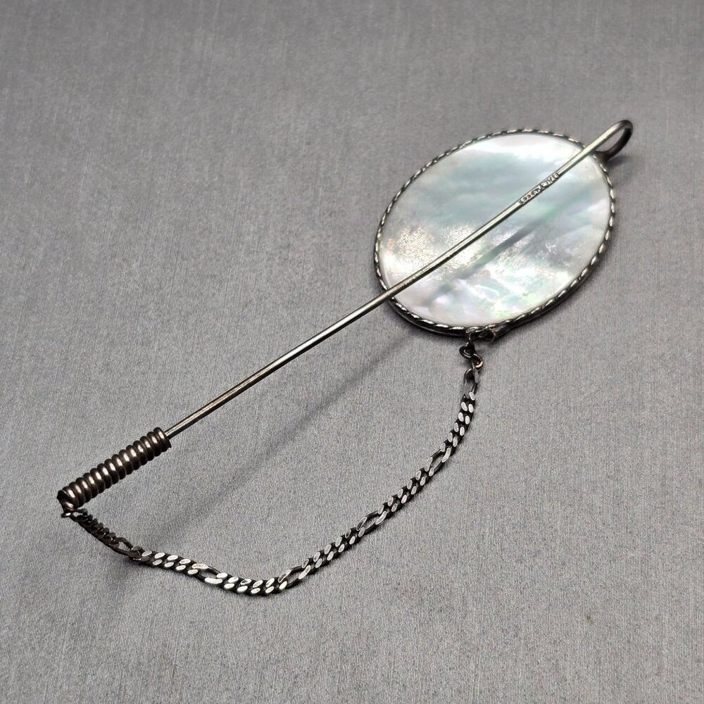 VTG Italian Sterling Silver MOP Stick Pin 3" Figaro Safety Chain - Picture 3 of 11